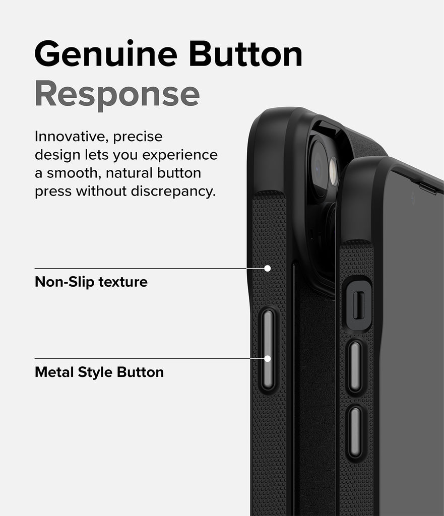 iPhone 14 Case | Onyx - Genuine Button Response. Innovative, precise design lets you experience a smooth, natural button press without discrepancy. Non-Slip texture. Metal Style Button