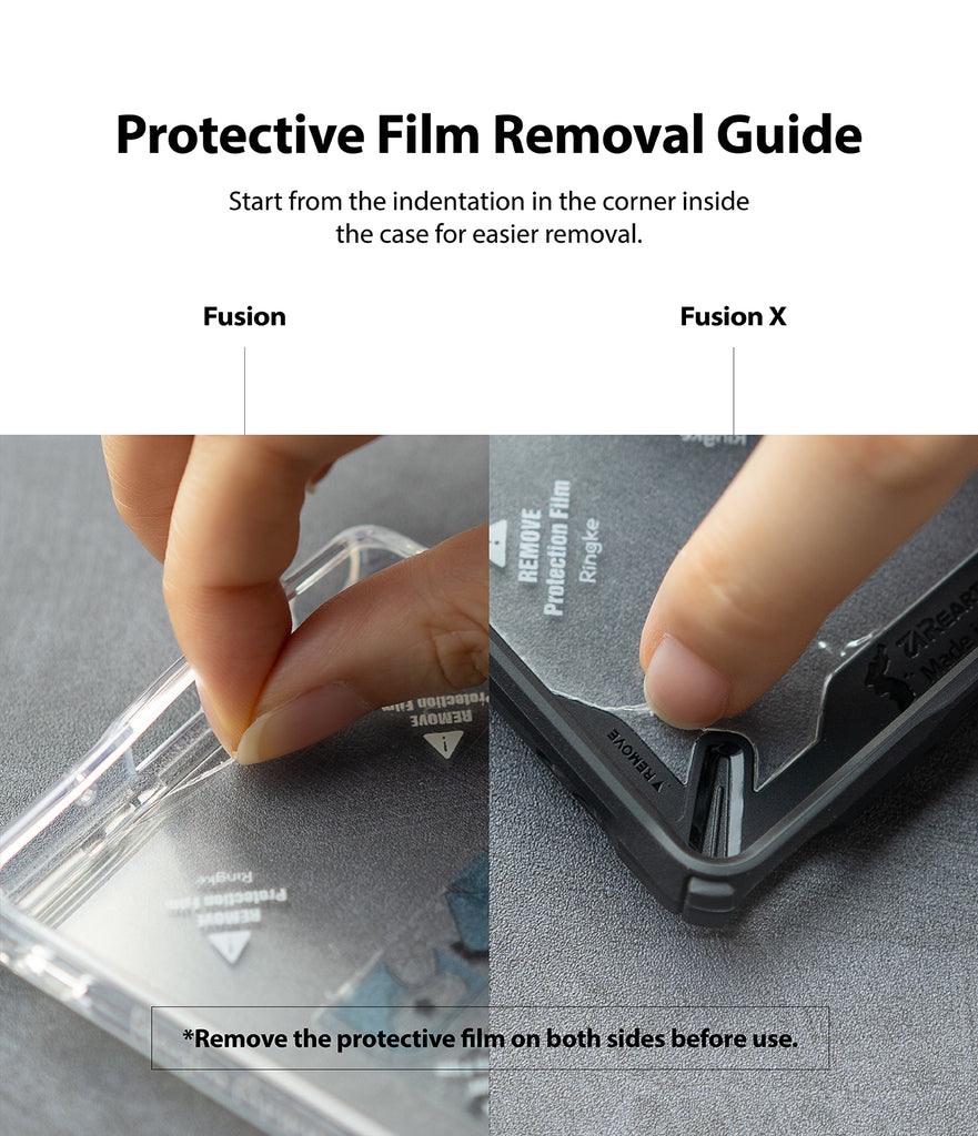 protective film removal - start from the indentation in the corner inside the case for easier removal