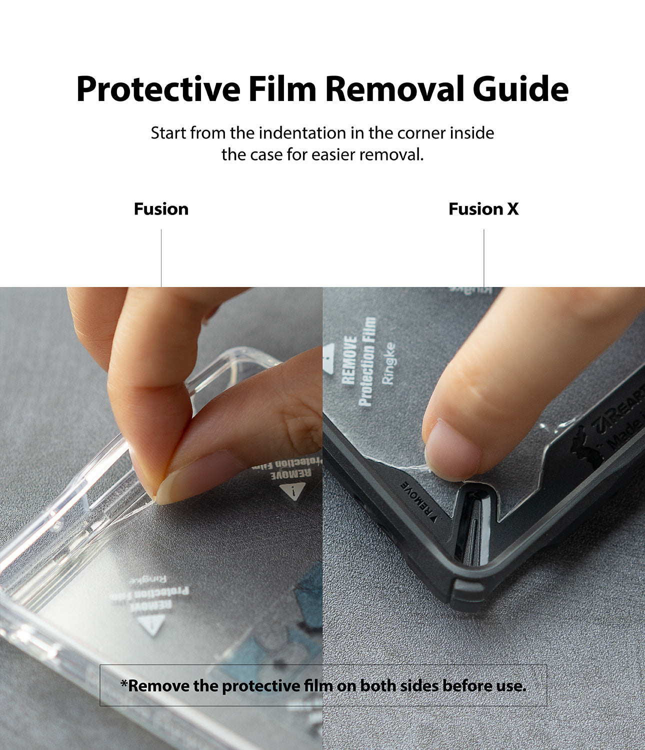 protective film removal guide - start from the indentation in the corner inside the case for easier removal