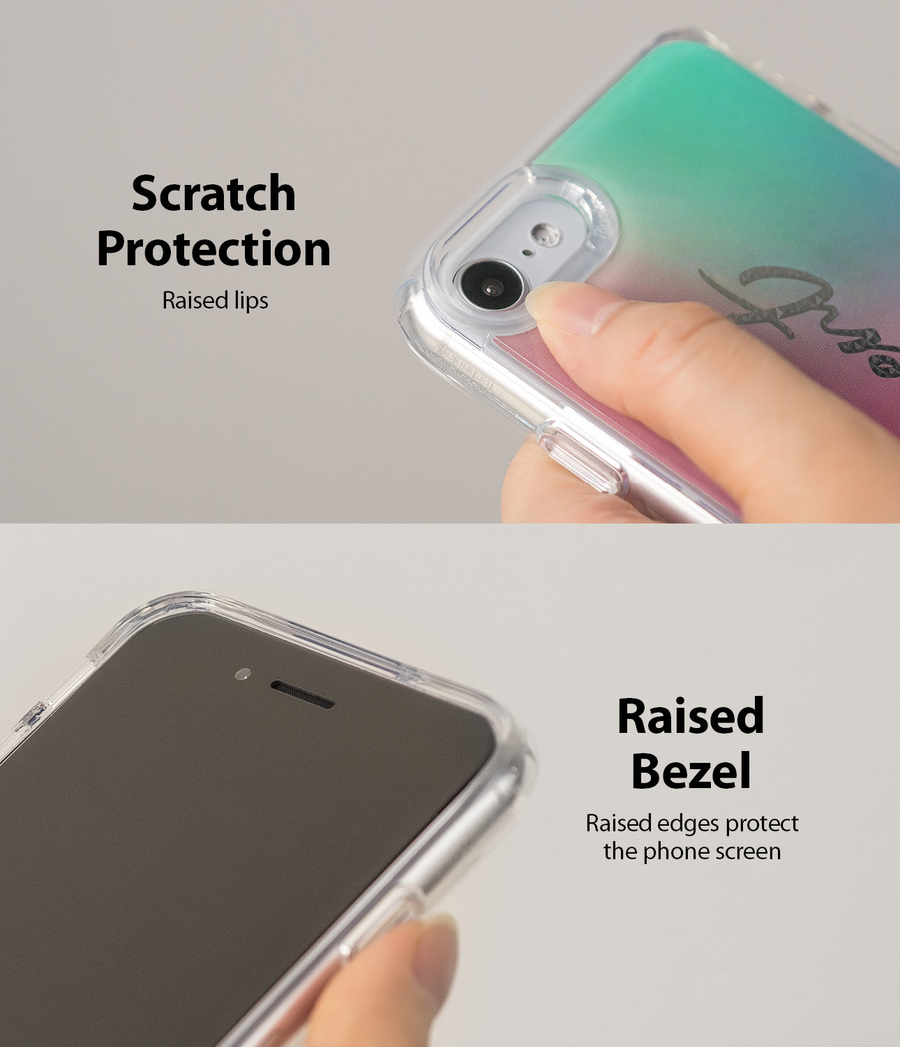 scratch protection raised lips with raised bezel and edges prtoect the phone screen