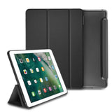 Smart Cover Clear Slim Stand | iPad - A black tri-fold iPad case standing upright with a tablet displaying app icons.