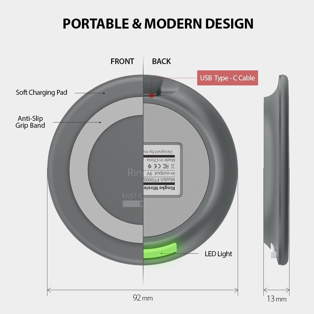 portable and modern design with anti slip grip band and soft textured charging surface