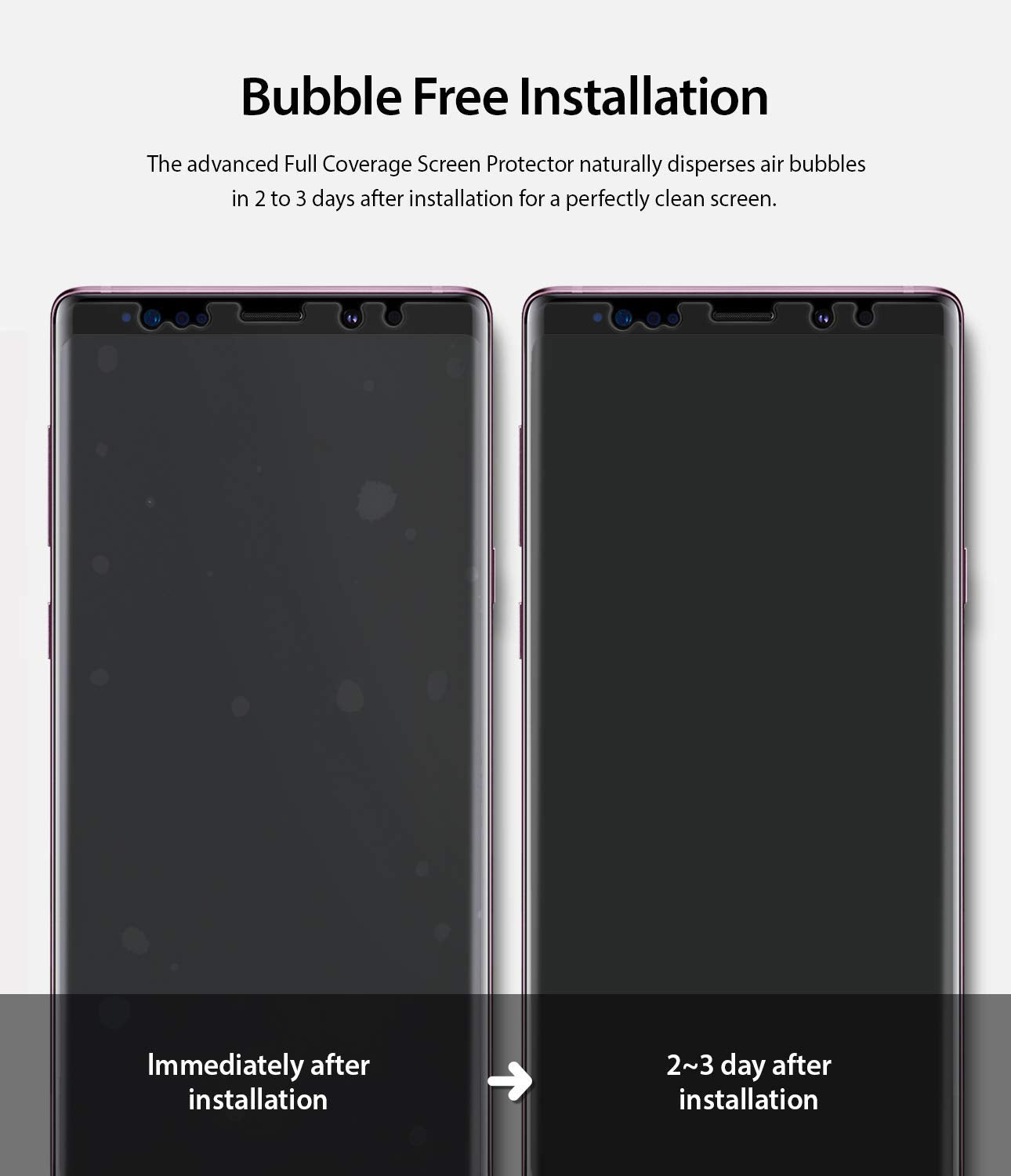 Galaxy Note 9 [INVISIBLE DEFENDER] Full Coverage Screen Protector - Comparison showing bubbles disappearing after 3 days.