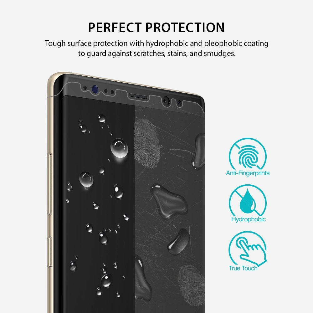 Galaxy Note 8 [INVISIBLE DEFENDER] Full Coverage Screen Protector - Smartphone with water droplets and icons for protection.