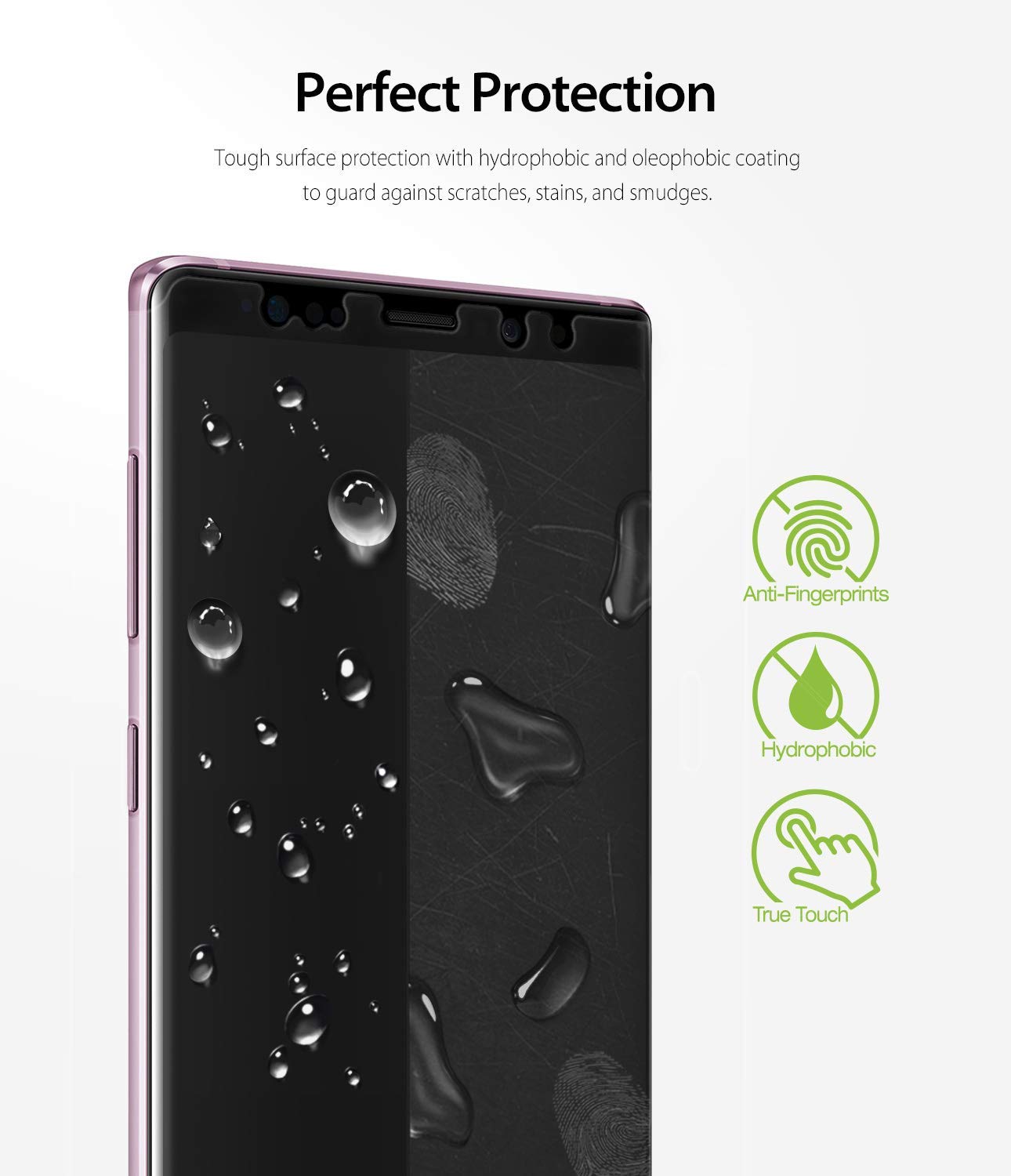 Galaxy Note 9 [INVISIBLE DEFENDER] Full Coverage Screen Protector - Galaxy Note 9 Screen Protector - Smartphone screen showing water beads and fingerprint resistance icons for protection.