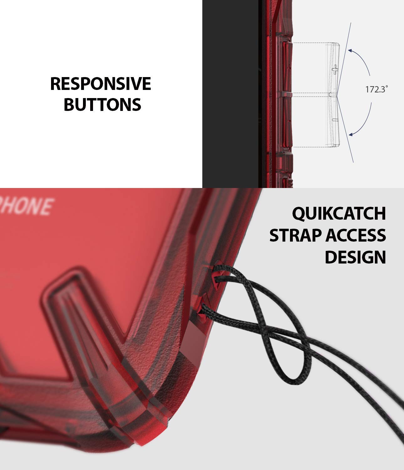 responsive buttons and quikcatch strap access design
