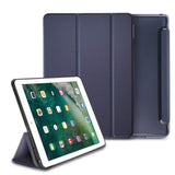 Smart Cover Clear Slim Stand | iPad - A dark blue folding iPad case shown both closed and propped up as a stand for an iPad.