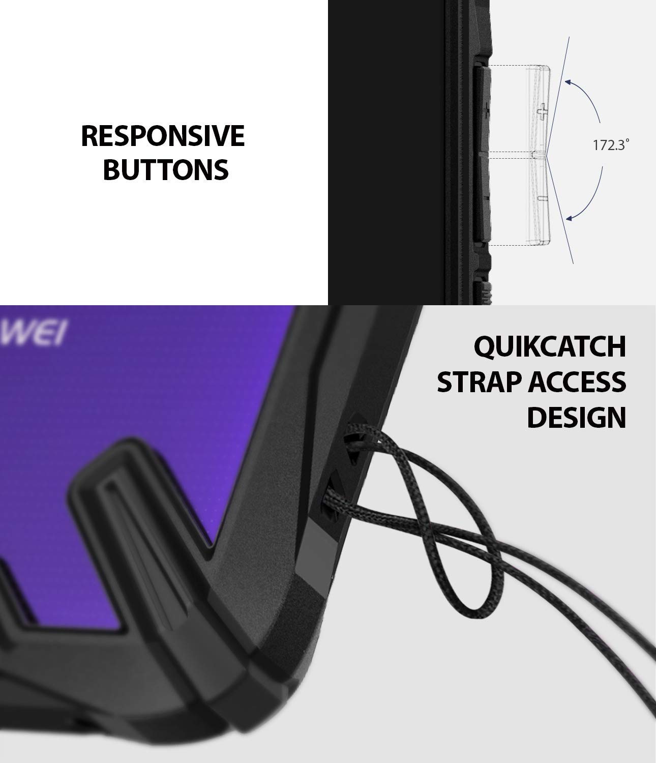 responsive buttons with quikcatch lanyard hole to attach additional accessories