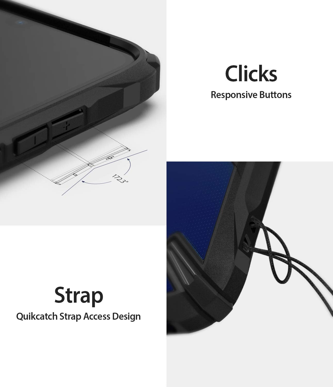 responsive buttons, quikcatch strap access design