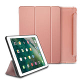 Smart Cover Clear Slim Stand | iPad - Rose gold tri-fold cover and clear case protecting an iPad in a standing position.