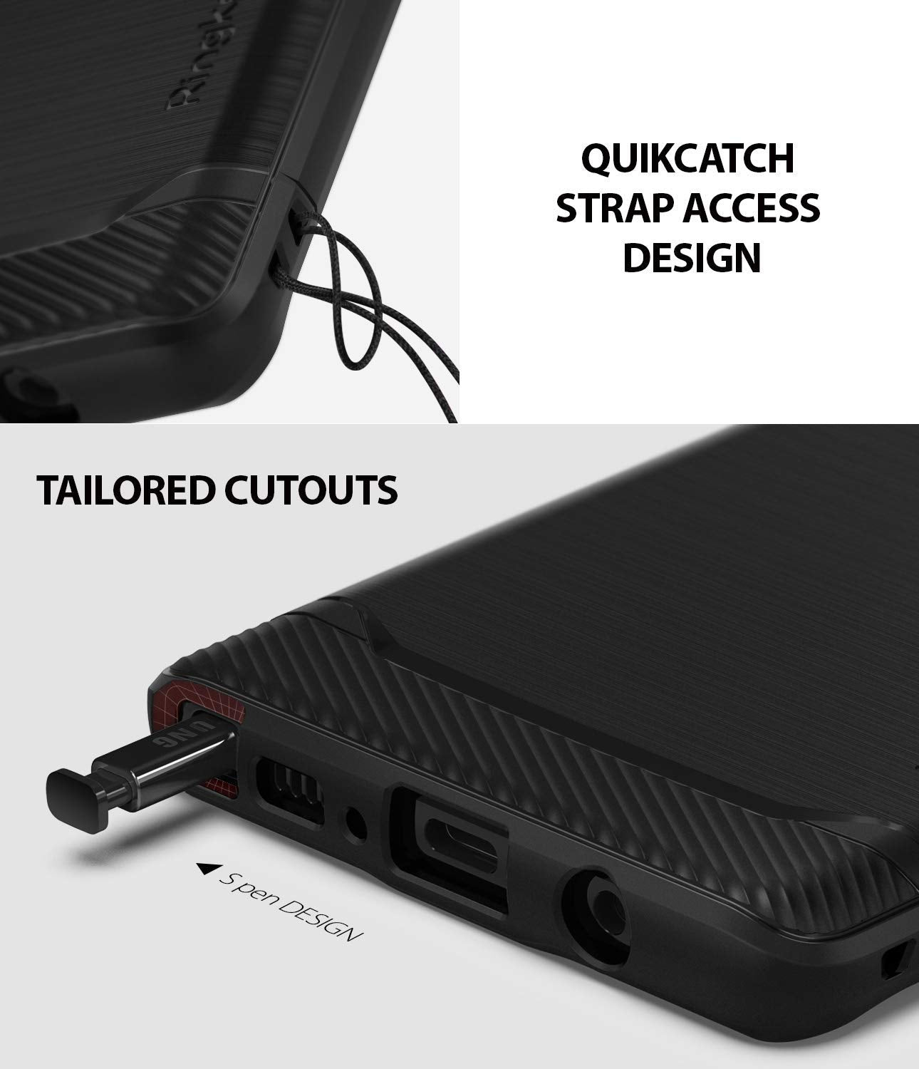 quikcatch strap access design with tailored cutouts