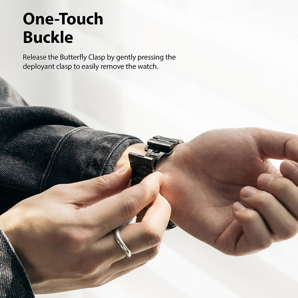 release the butterfly clasp by gently pressing the deployant clasp to easily remove the watch