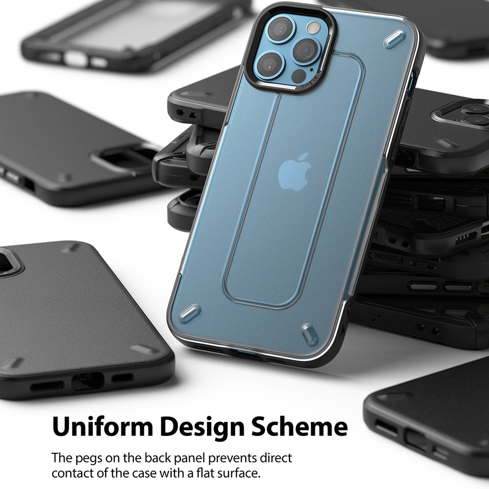 uniform design scheme - the pegs on the back panel prevents direct contact of the case with a flat surface