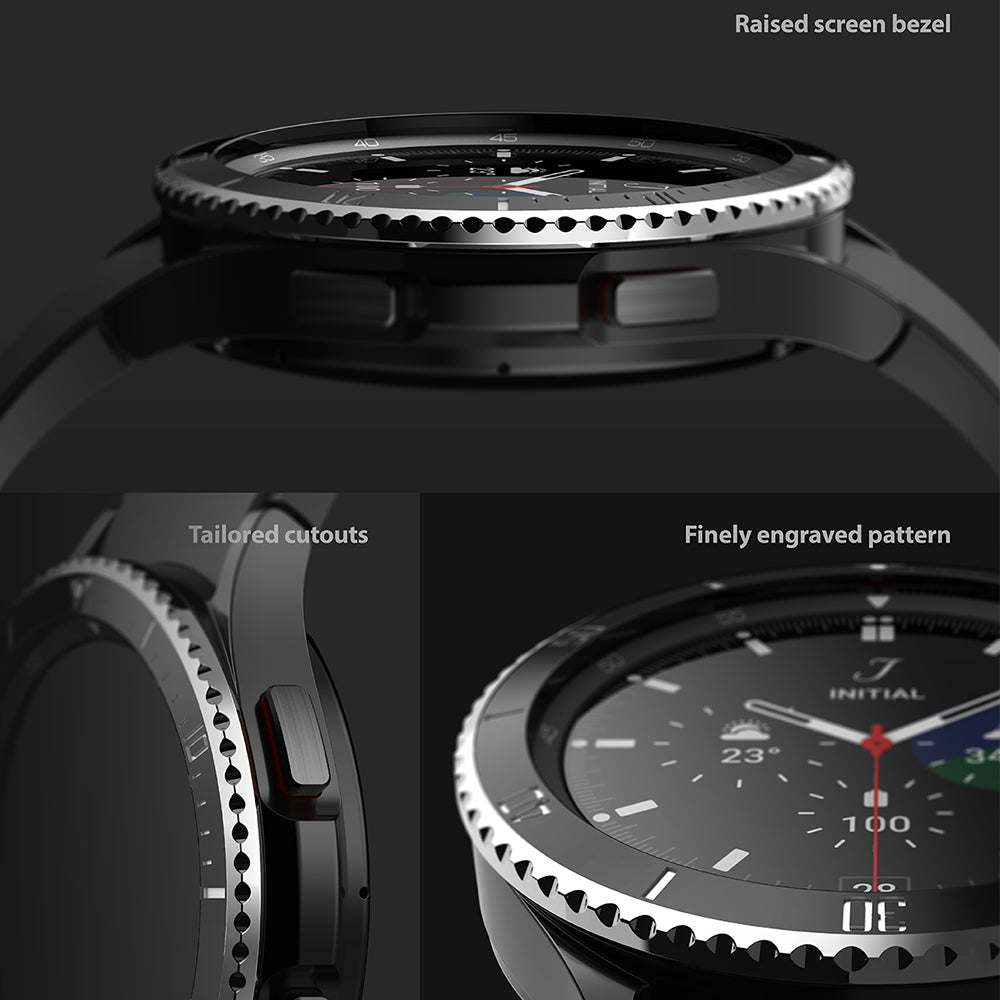 Raised screen bezel, tailored cutouts, finely engraved pattern