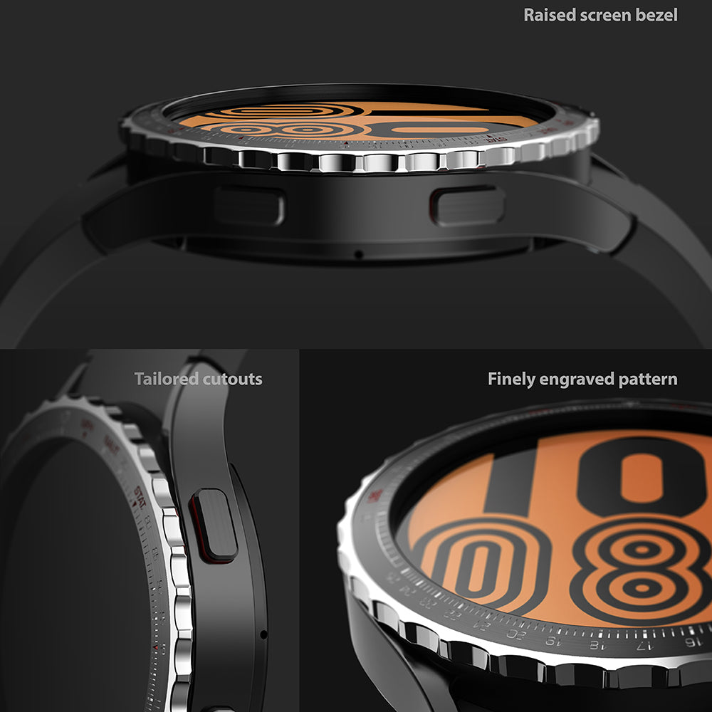 Raised screen bezel, tailored cutouts, finely engraved pattern