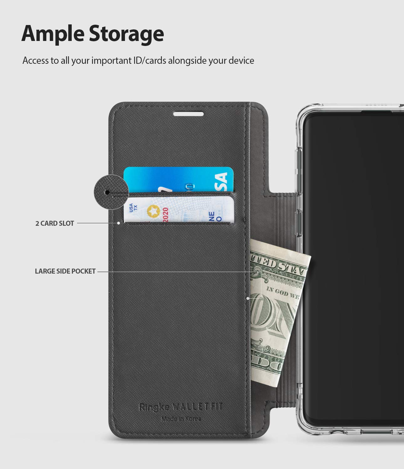 ample storage with 2 card slot and large side pocket