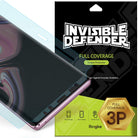 Galaxy Note 9 [INVISIBLE DEFENDER] Full Coverage Screen Protector - Three-pack screen protector packaging with phone.