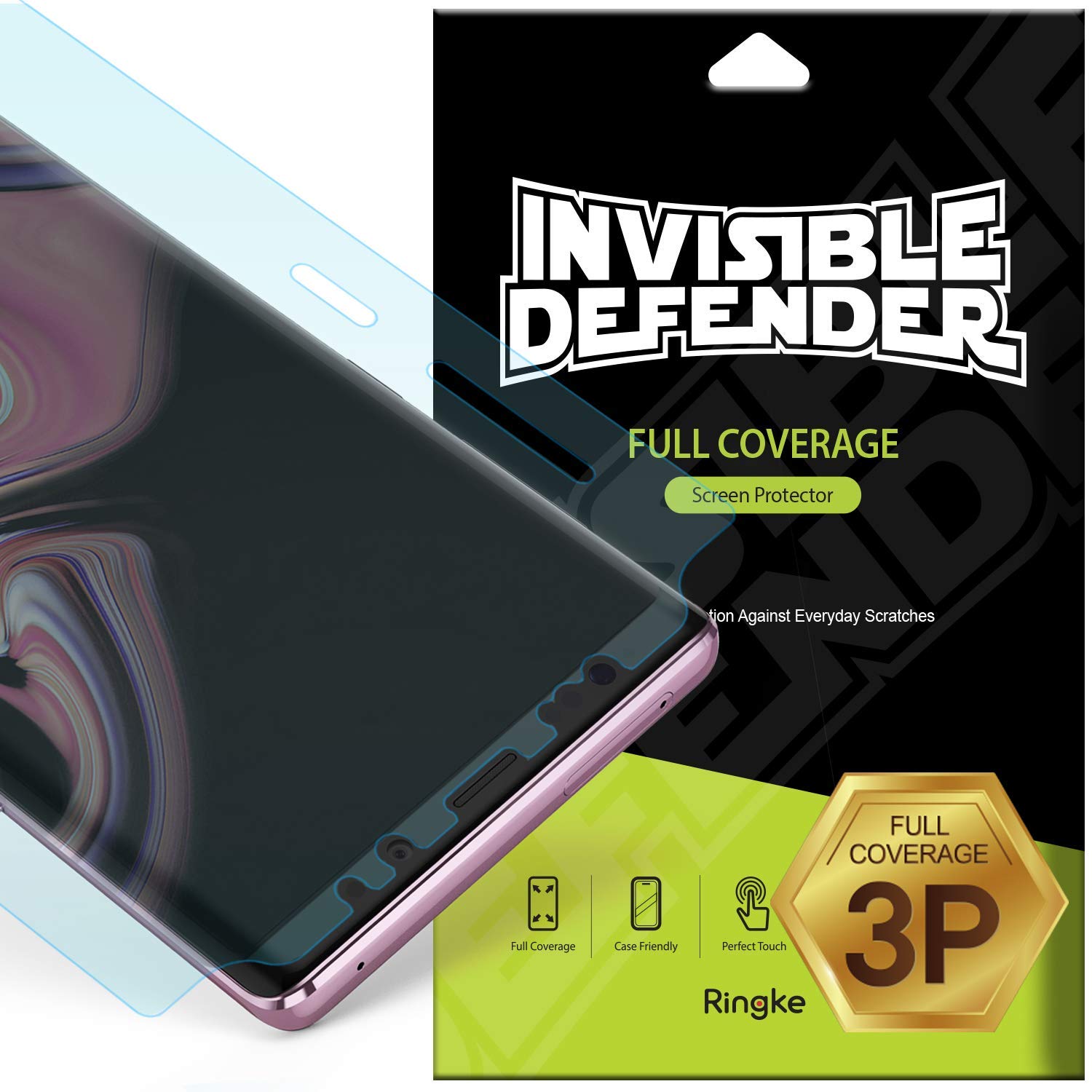 Galaxy Note 9 [INVISIBLE DEFENDER] Full Coverage Screen Protector - Three-pack screen protector packaging with phone.