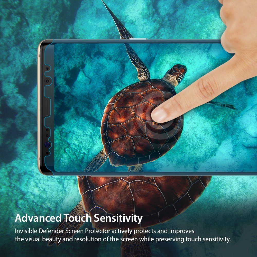 Galaxy Note 8 [INVISIBLE DEFENDER] Full Coverage Screen Protector - Finger touching a screen displaying a sea turtle.
