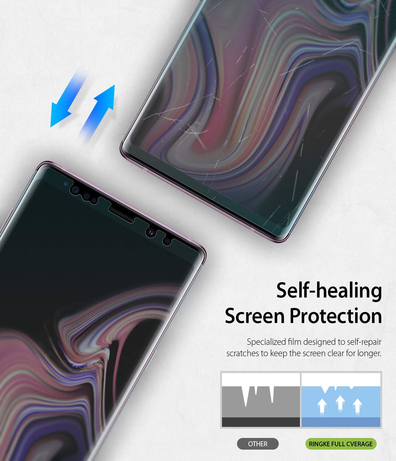 Galaxy Note 9 [INVISIBLE DEFENDER] Full Coverage Screen Protector - Two phones showing self-healing scratch technology.