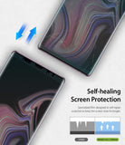 Galaxy Note 9 [INVISIBLE DEFENDER] Full Coverage Screen Protector - Two phones showing self-healing scratch technology.