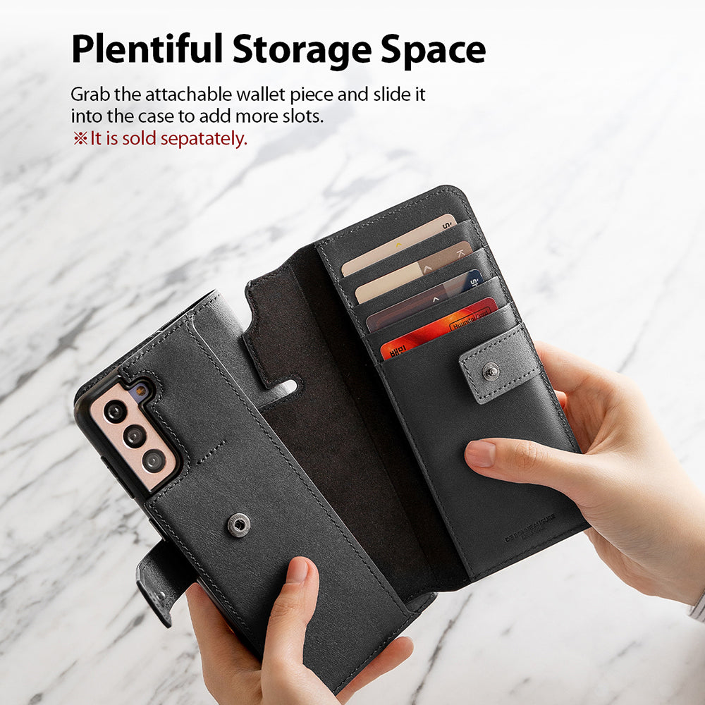 grab the attachable wallet piece and slide it into the case to add more storage
