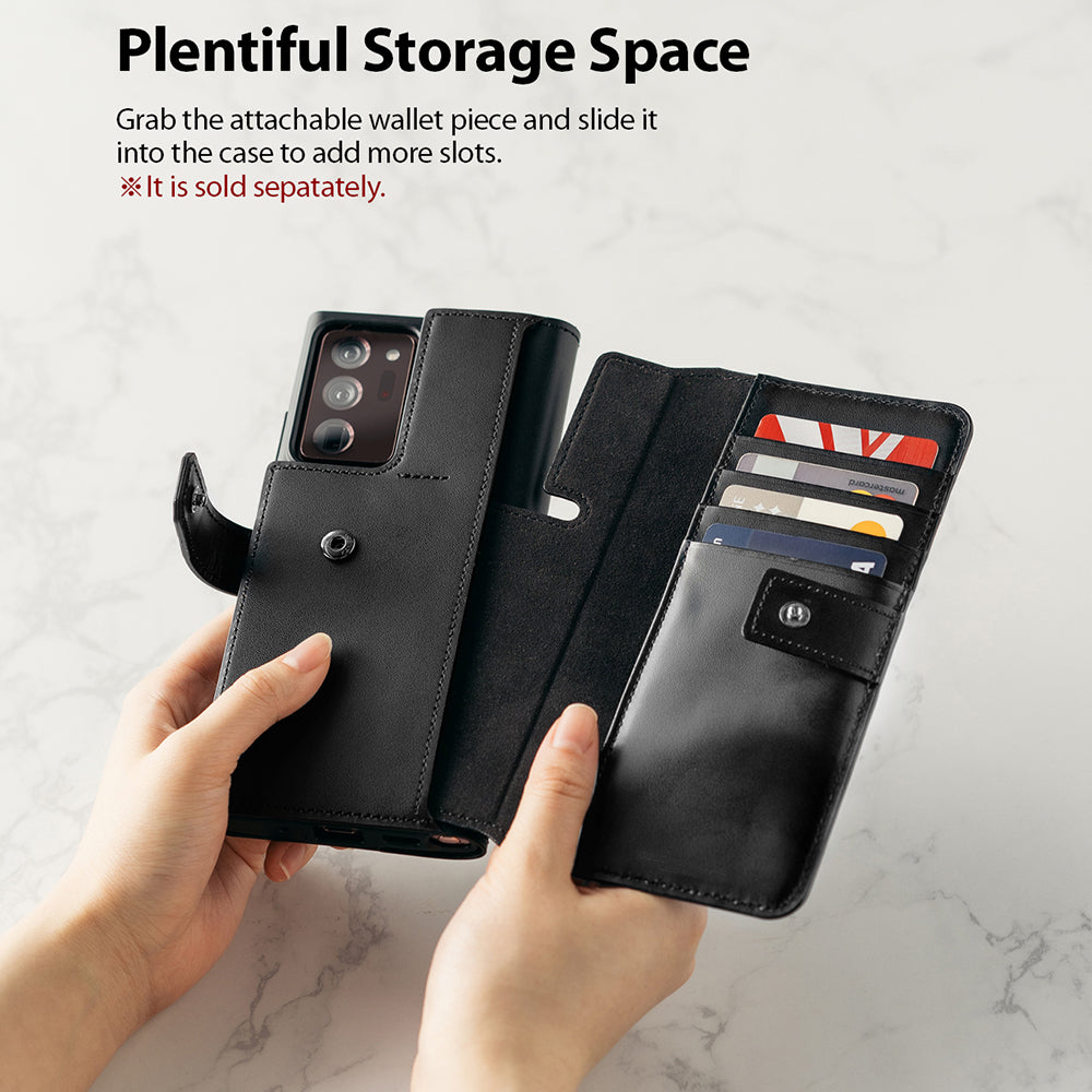 grab the attachable wallet piece and slide it into the case to add more slots