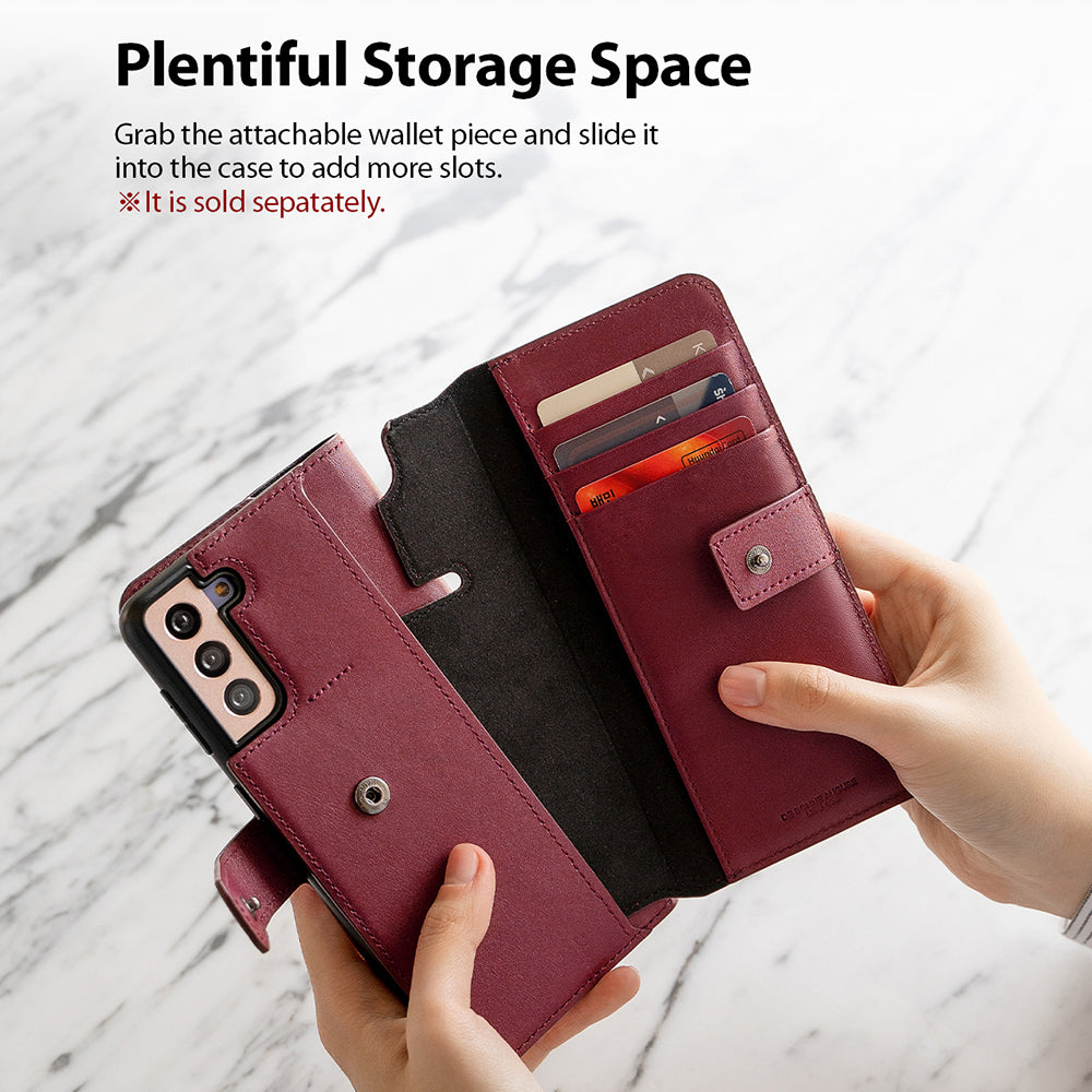 grab the attachable wallet piece and slide it into the case to add more stoage