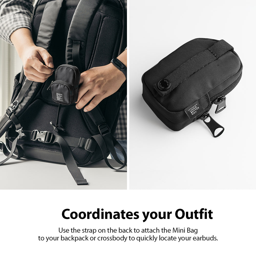 use the strap on the back to attach the mini bag to your backpack or crossbody to quickly locate your device