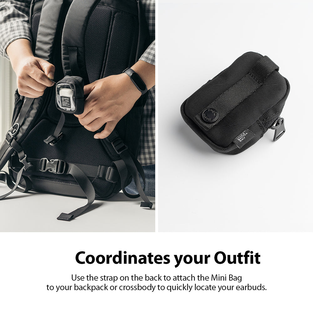 use the strap on the back to attach the mini bag to your backpack or crossbody to quickly locate your earbuds