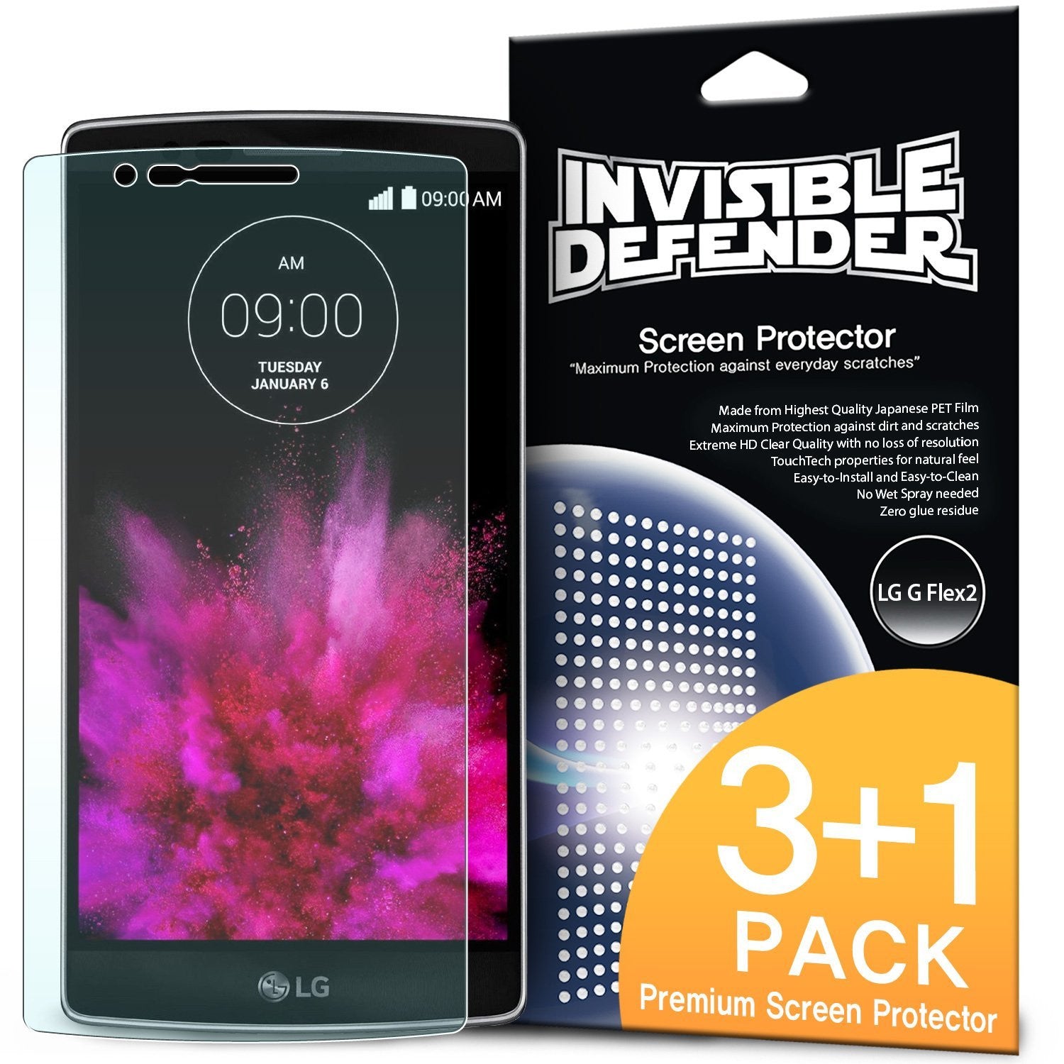 LG G Flex 2 Screen Protector | Invisible Defender - LG G Flex 2 Screen Protector - Invisible Defender 3+1 pack with a clear film overlaying an LG G Flex 2 smartphone.