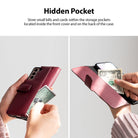hidden pockets located inside the front cover and on the back of the case