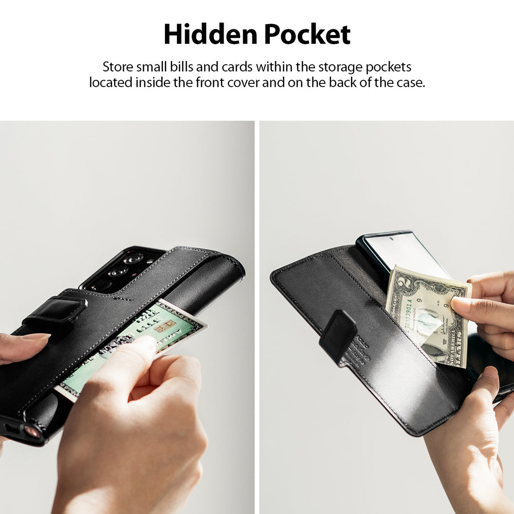 hidden pocket to store small bills and cards