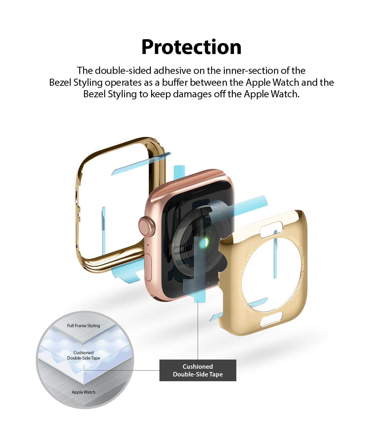 the double sided adhesive on the inner section of the bezel styling operates as a buffer between the apple watch and the bezel styling to keep damages off the watch