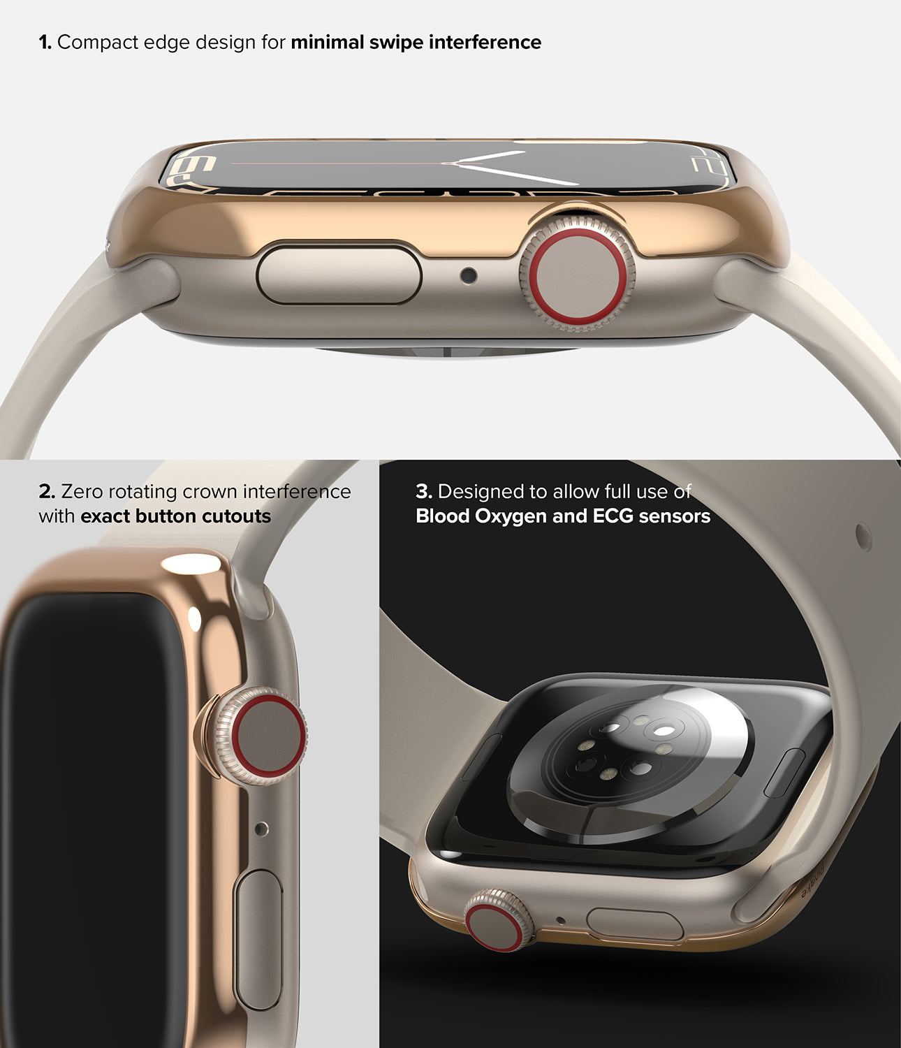 Apple Watch Series (41mm) / Ringke Bezel Styling / 41-02 Rose Gold-Minimal Swipe Interference. Exact Button Cutouts. Blood Oxygen and ECG Sensors.