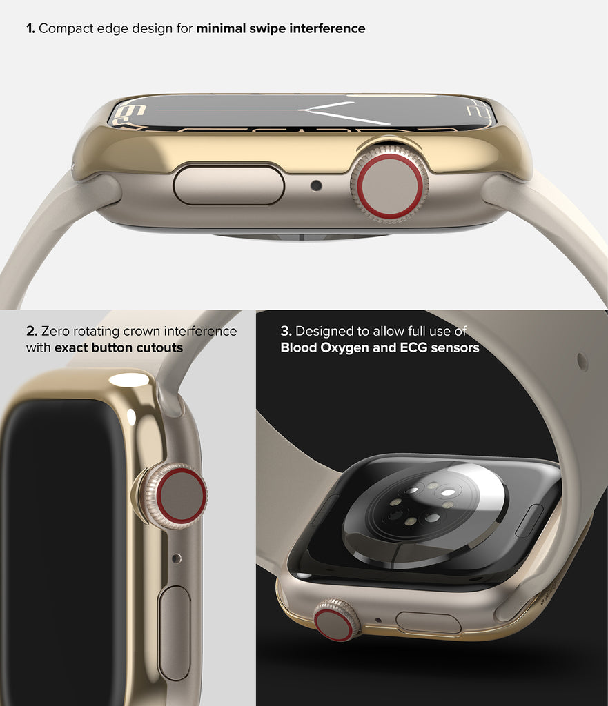 Apple Watch Series 41mm / Ringke Bezel Styling / 41-05 Gold-Minimal Swipe Interference. Exact Button Cutouts. Blood Oxygen and ECG Sensors