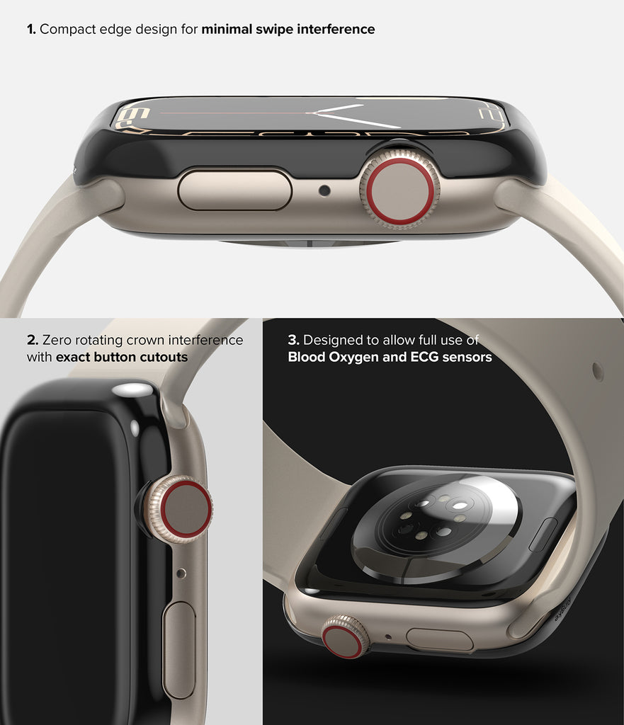 Apple Watch Series 45mm | Ringke Bezel Styling | 45-03 Black-Minimal Swipe Interference. Exact Button Cutouts. Blood Oxygen and ECG Sensors