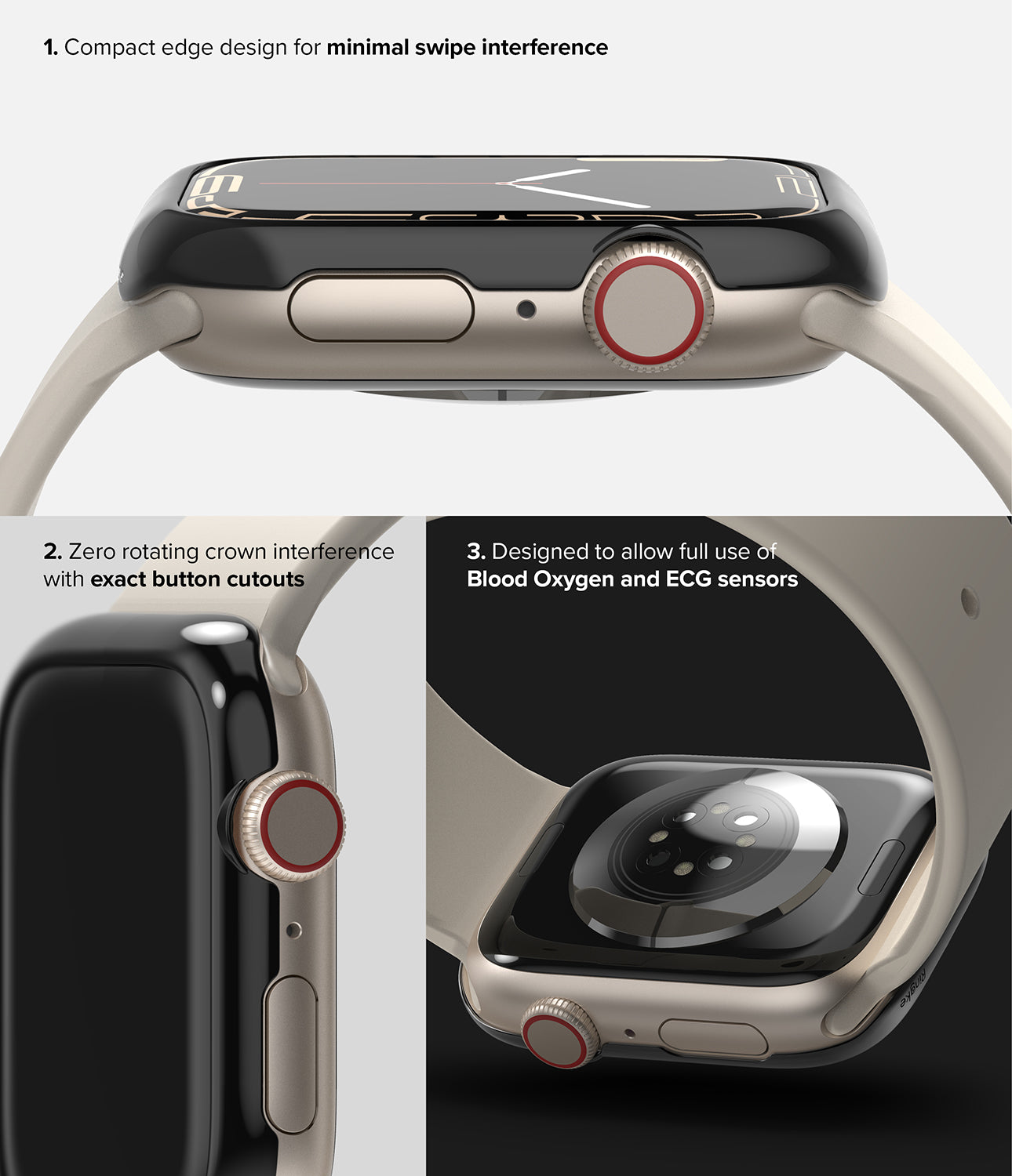 Apple Watch Series 45mm | Ringke Bezel Styling | 45-03 Black-Minimal Swipe Interference. Exact Button Cutouts. Blood Oxygen and ECG Sensors