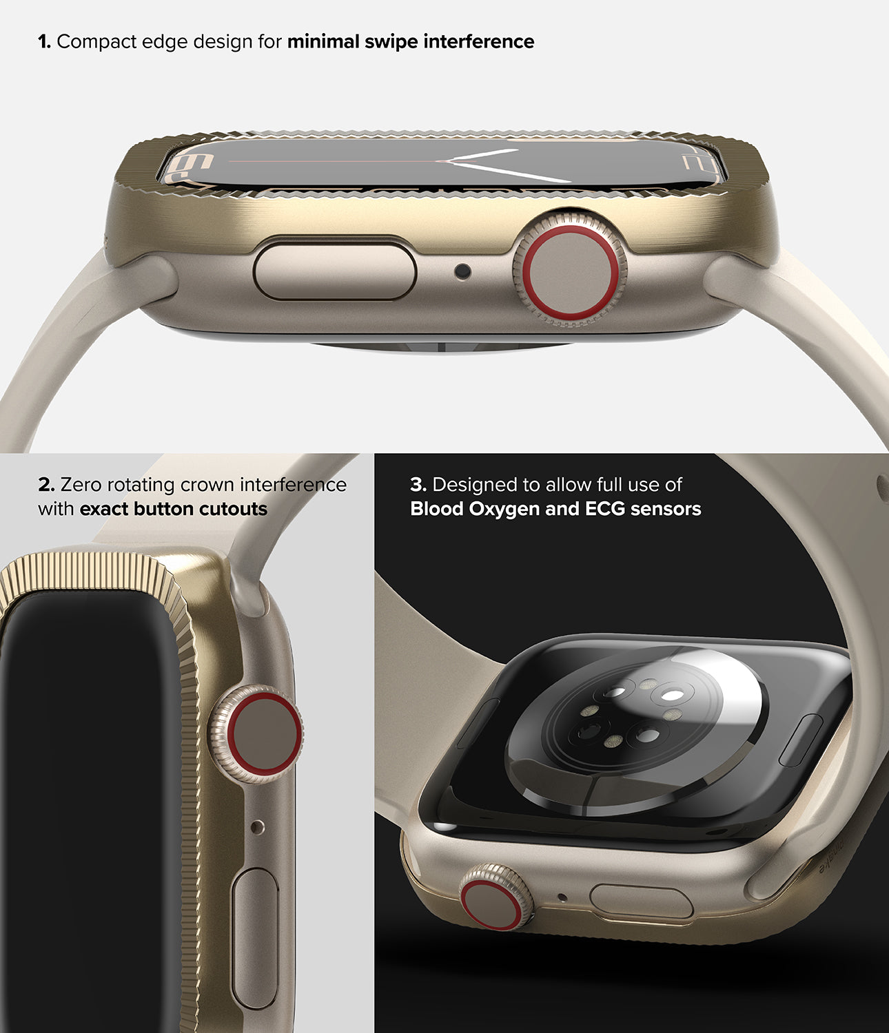 Apple Watch Series 41mm | Bezel Styling 41-43 | Matte Curve Gold-Minimal Swipe Interference. Exact Button Cutouts. Blood Oxygen and ECG Sensors