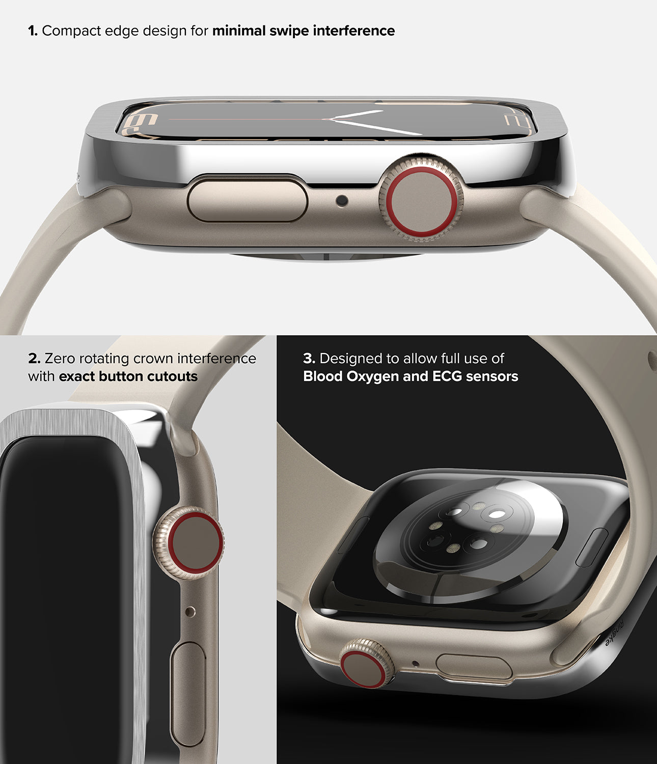 Apple Watch Series 9/8/7 (41mm) | Bezel Styling 41-50 | Hairline Silver (Plain Pattern)-Minimal  Swipe Interference. Exact Button Cutouts. Blood Oxygen and ECG Sensors
