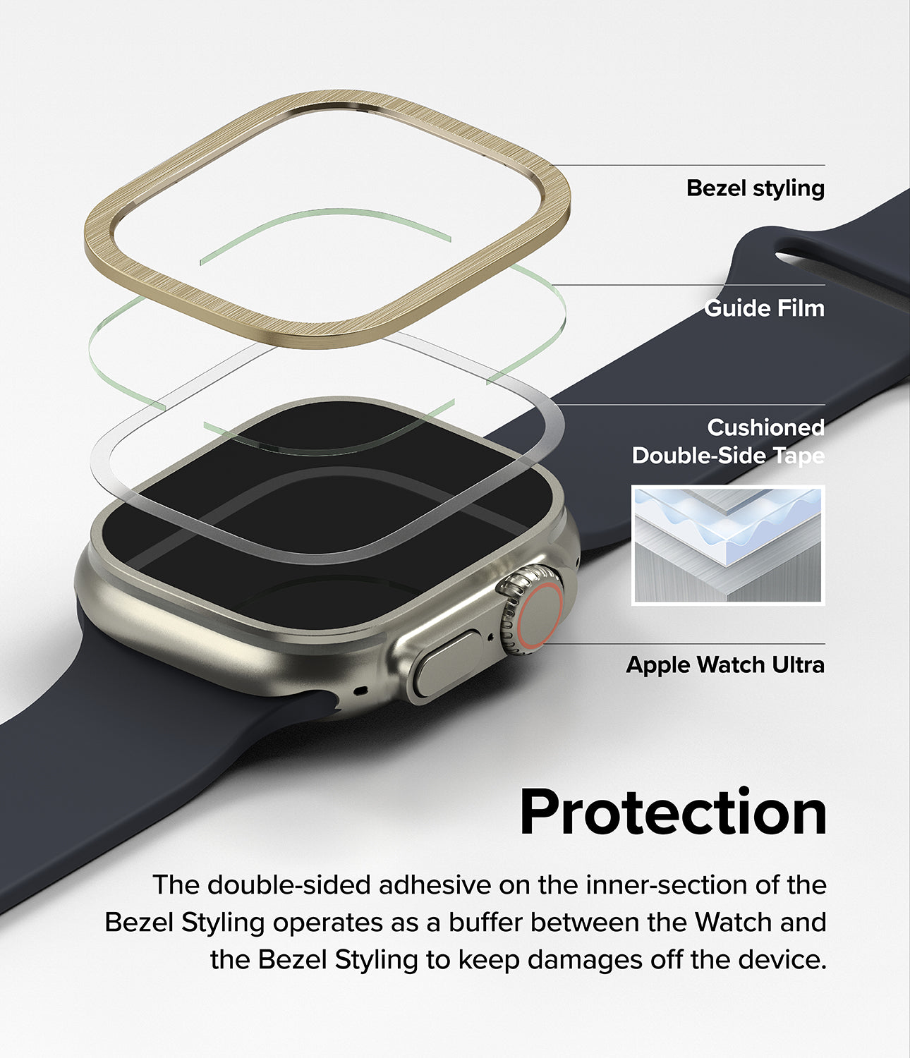 Protection - The double-sided adhesive on the inner-section of the Bezel Styling operates as a buffer between the Watch and the Bezel Styling to keep damages off the device.
