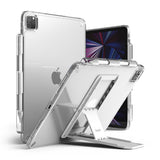 Fusion + Outstanding | iPad - Clear iPad case with a built-in folding kickstand and stylus holder, shown from front and back.