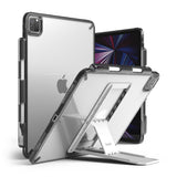 Fusion + Outstanding | iPad - Clear protective iPad case with a built-in folding stand, shown from back and side angles.
