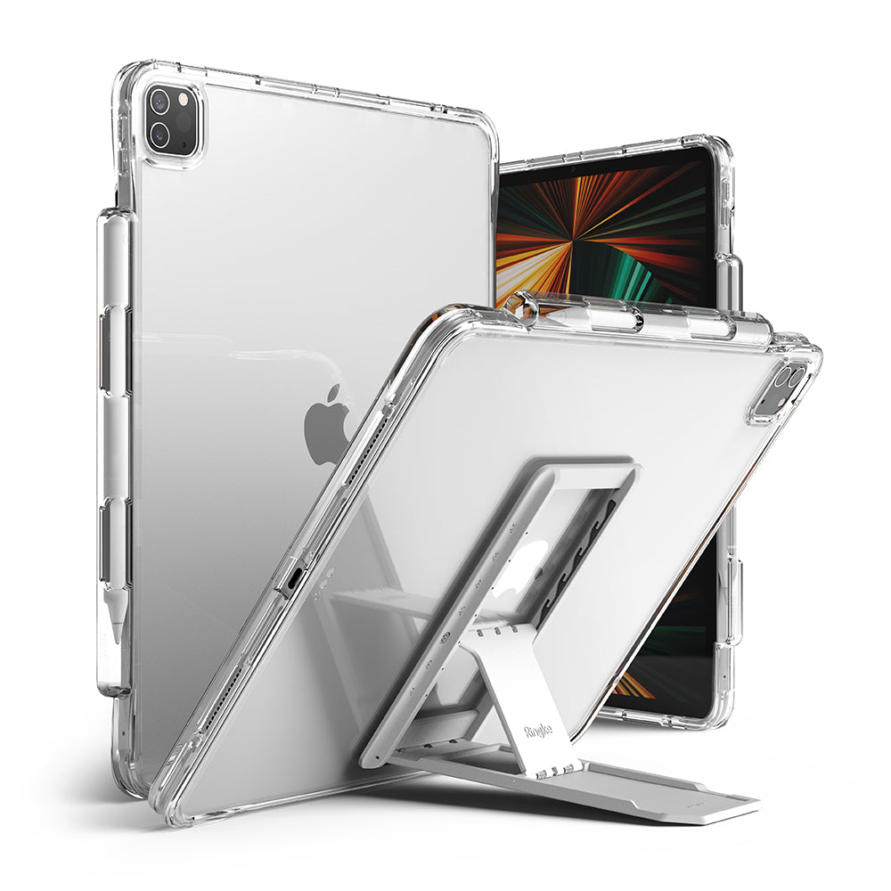 ipad pro 12.9 inch fusion plus case and outstanding tablet stand - clear & light gray