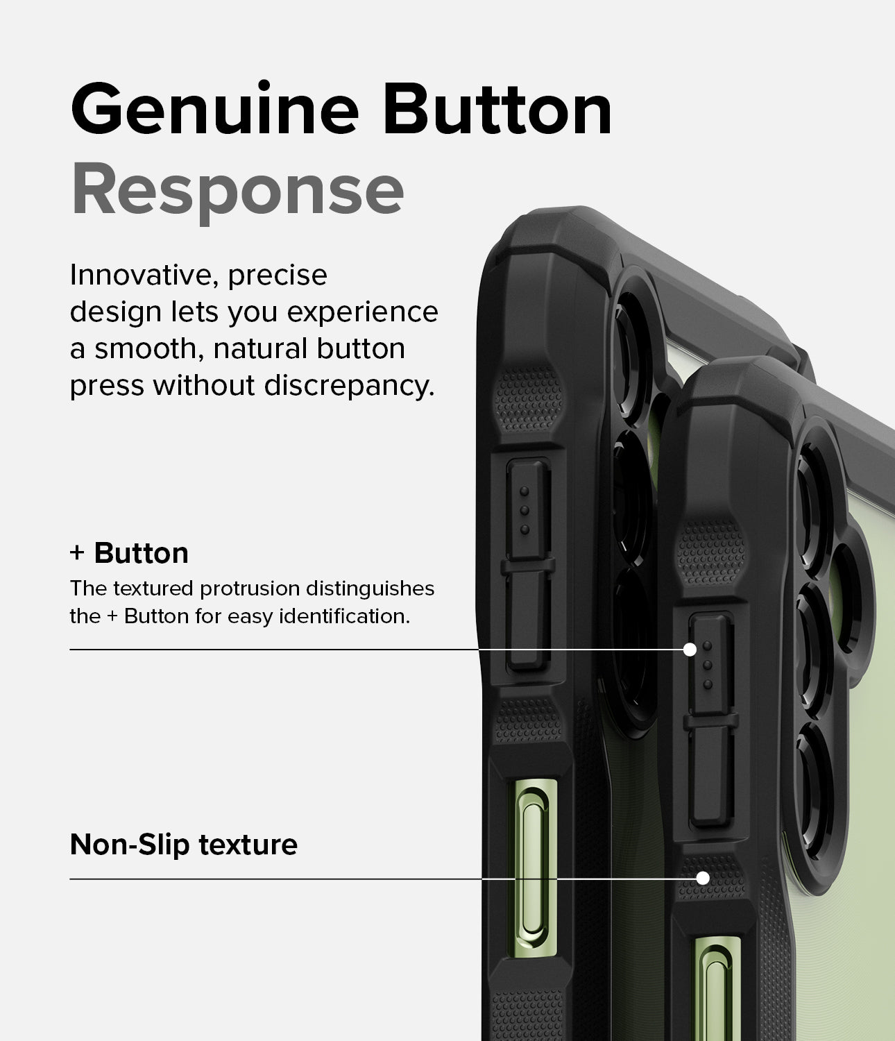Genuine Button Response l Innovative, Precise design lets you experience a smooth, natural button press without discrepancy. Non-Slip texture. + Button - The textured protrusion distinguishes the + Button for easy identification. Non-Slip texture