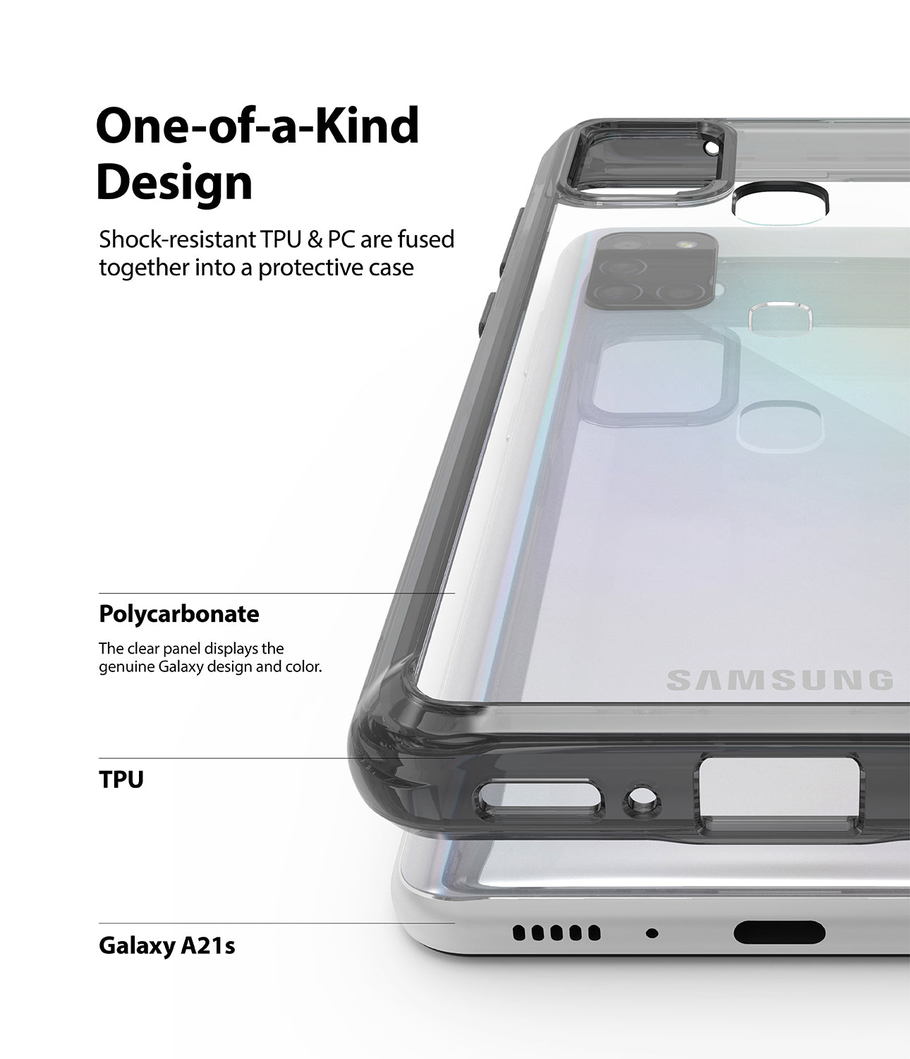 shock resistant TPU & PC are fused together into a protective case