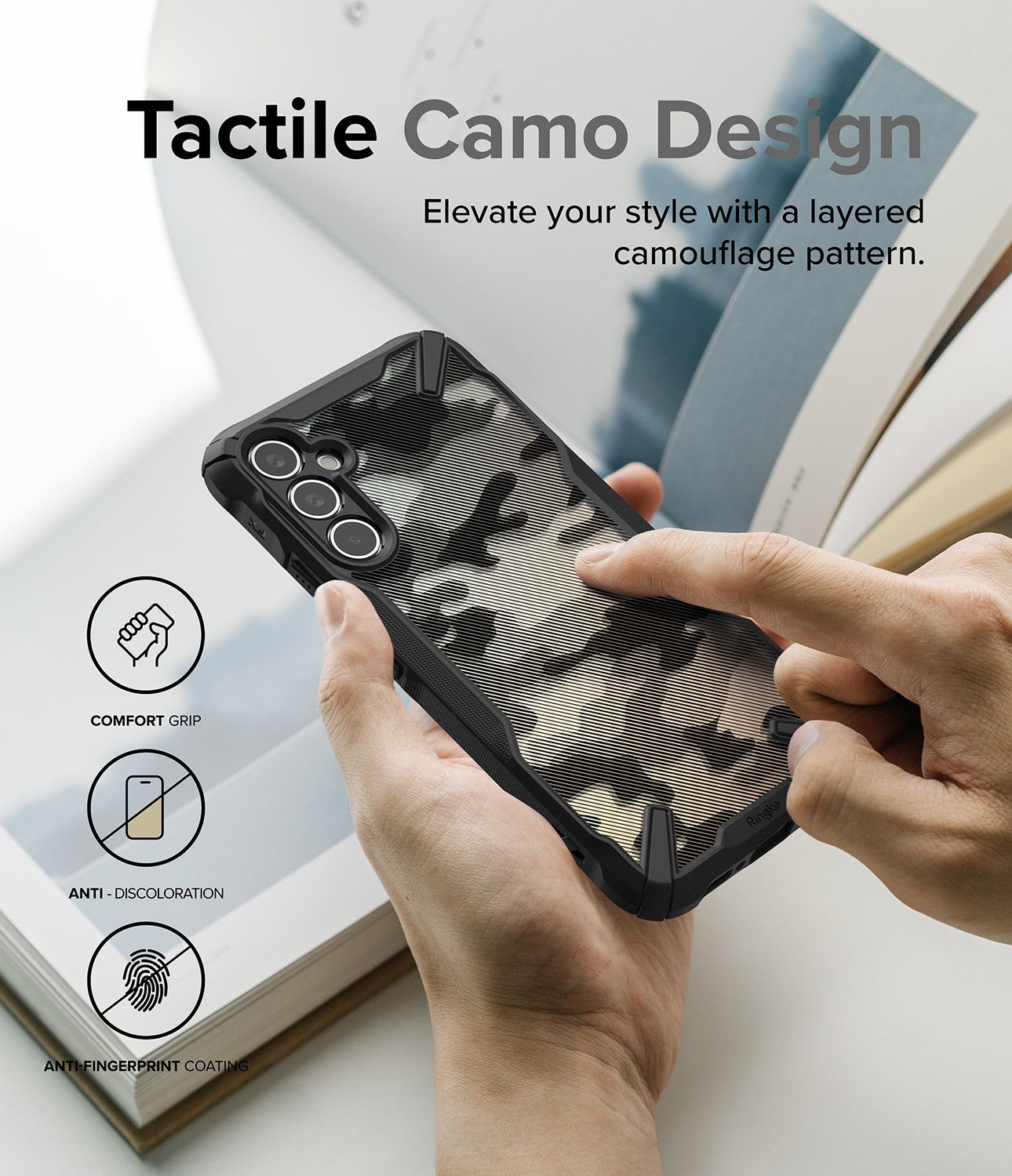 Tactile Camo Design l Elevate your style with a layered camouflage pattern.