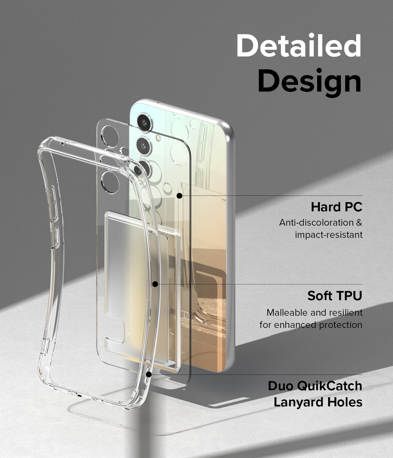 Hard PC for back, Soft TPU for Side and has Duo QuikCatch Lanyard Holes
