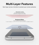 Multi-Layer Features l Each layer serves a function to protect your screen protector. * Oleophobic Coating l Oil-resistant coating that makes it easy to wipe away any fingerprints and smudges. l Tempered Glass - Scratch resistant 9H Hardness strong glass * AB Film - Prevents glass shards from splintering upon breakage