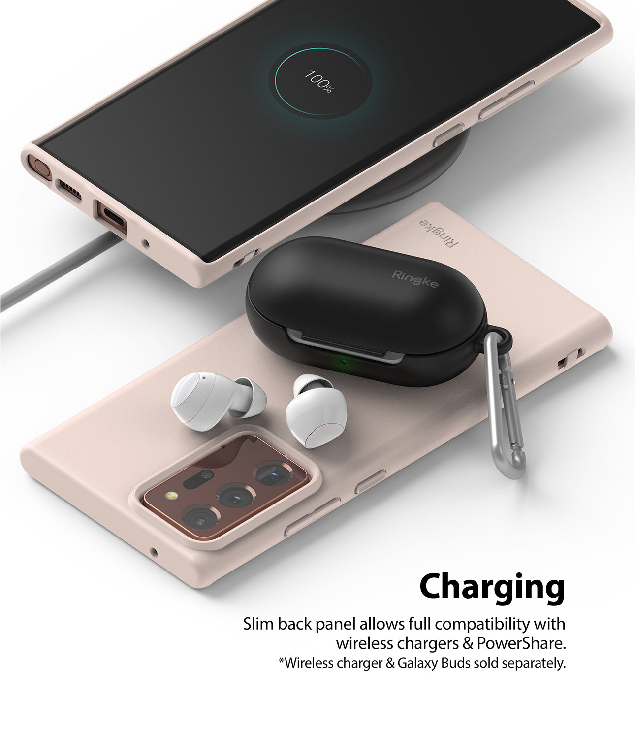 slim back panel allows full compatibility with wireless chargers and powershare